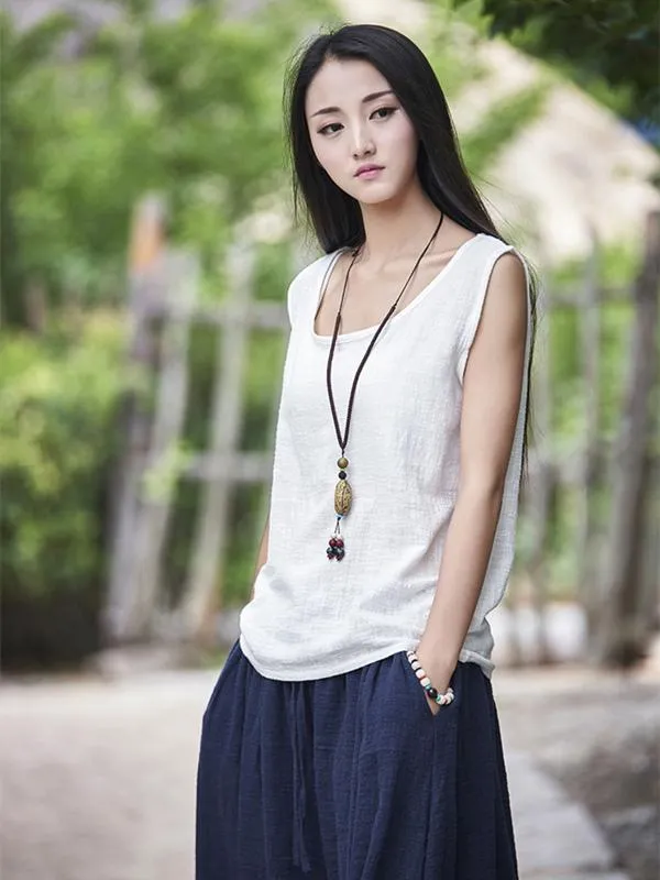 3 Colors Sleeveless Ramie Cotton T-shirt