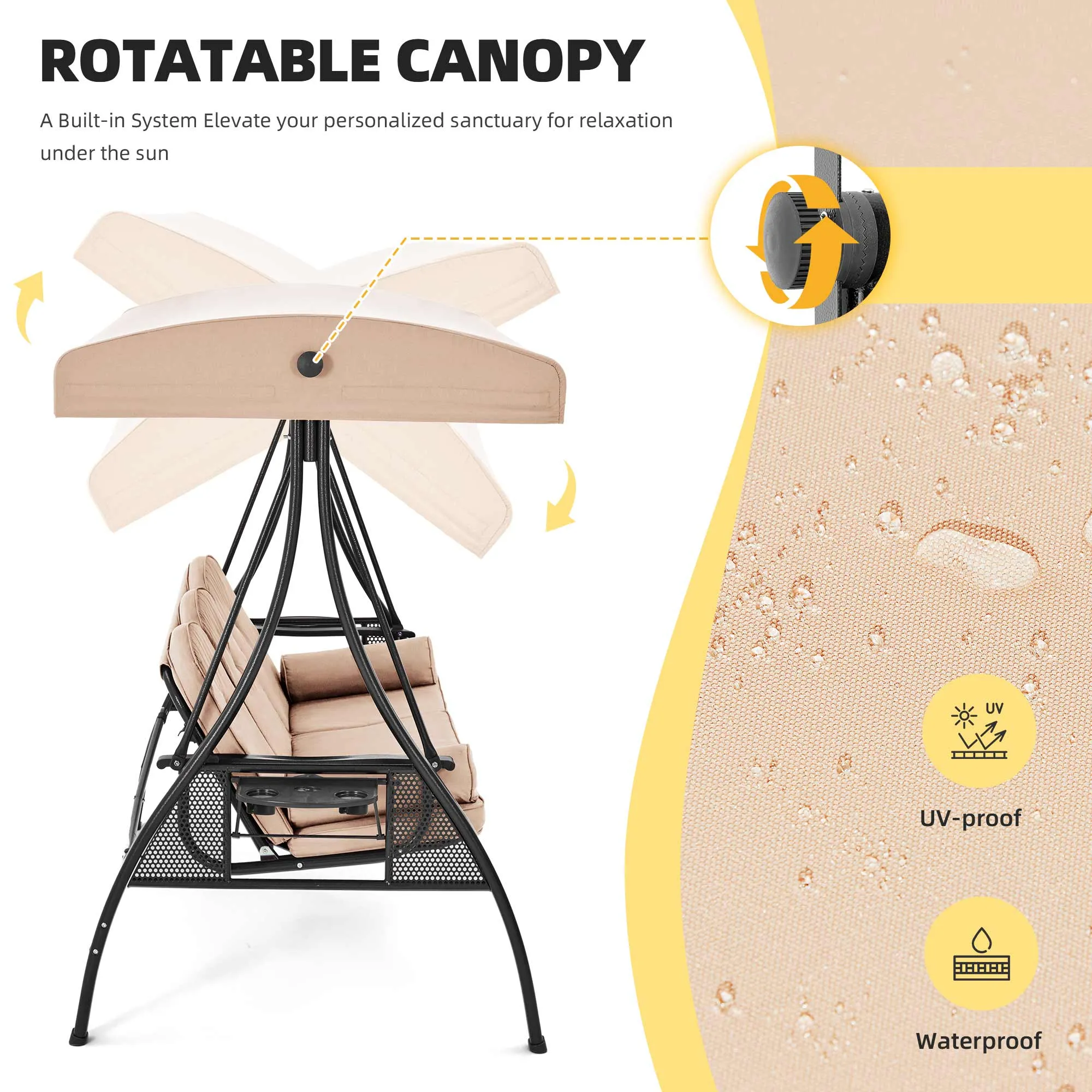 3-Seat Outdoor Porch Swing with Adjustable Canopy and Backrest, Khaki