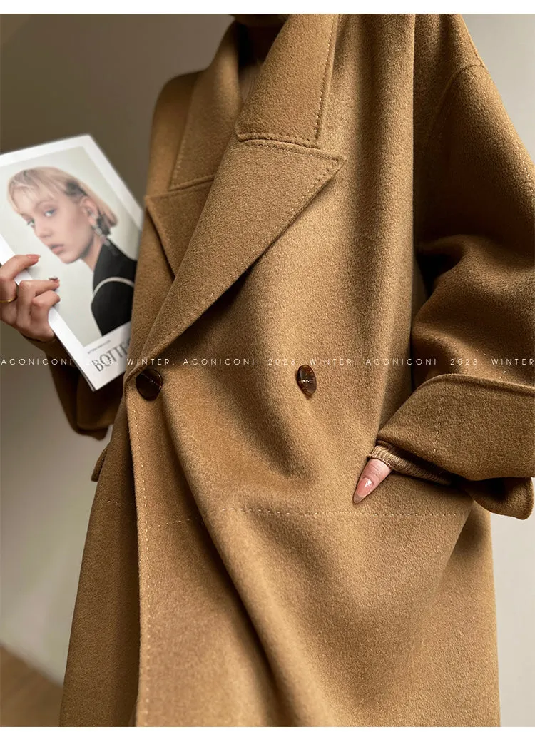 Aconiconi Elegant Brown Suit Collar Double Breasted Long Sleeve Long Coat- Ximu Lover