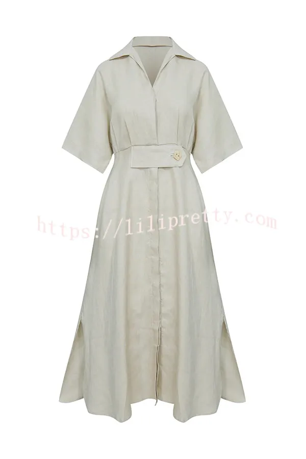 Asher Linen Blend Wide Sleeve Button Pocketed Shirt Loose Midi Dress