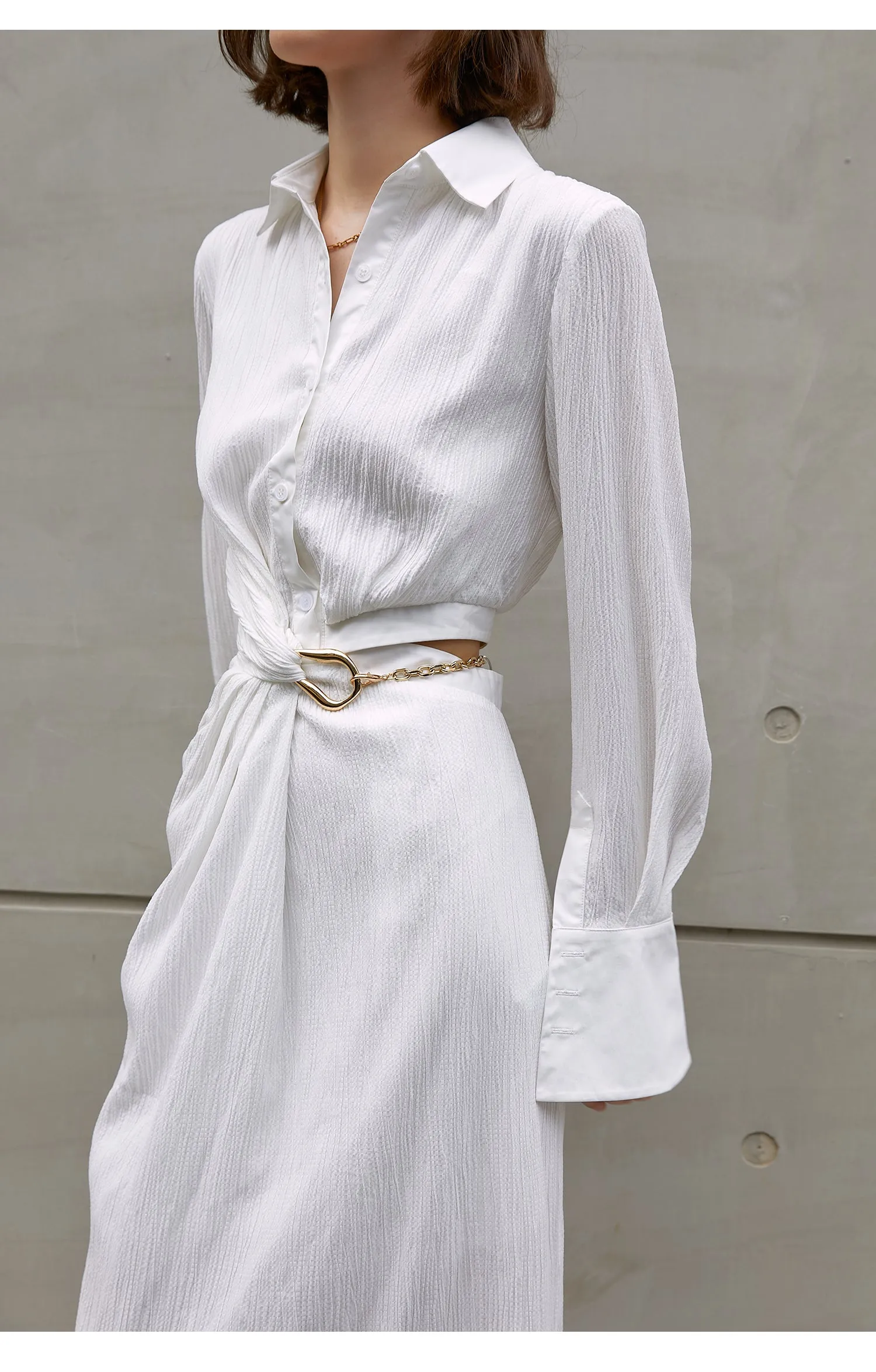 Asymmetrically-waisted summer dress white, polo-collared shirt, single-breasted dress-Cicili