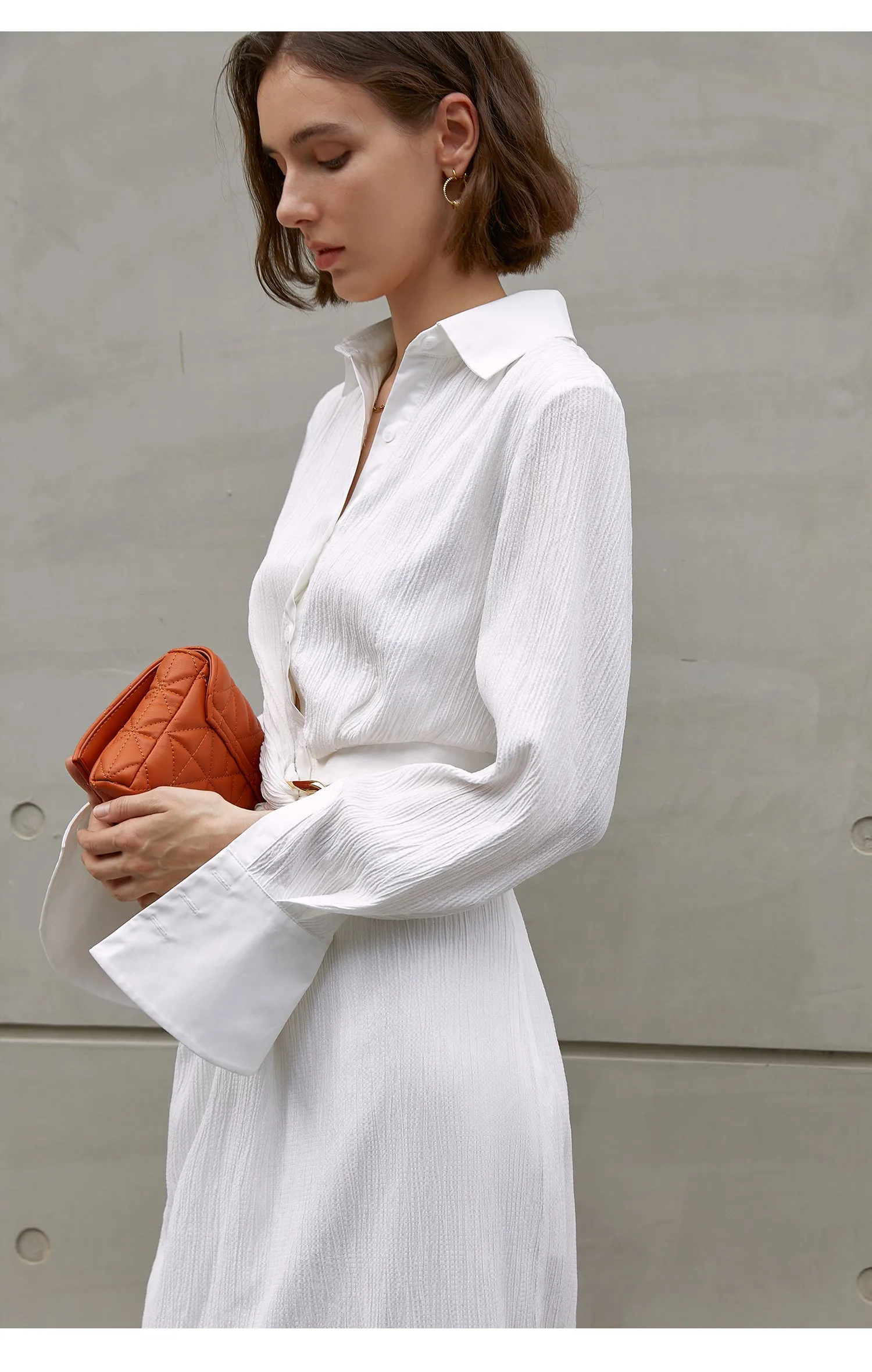 Asymmetrically-waisted summer dress white, polo-collared shirt, single-breasted dress-Cicili