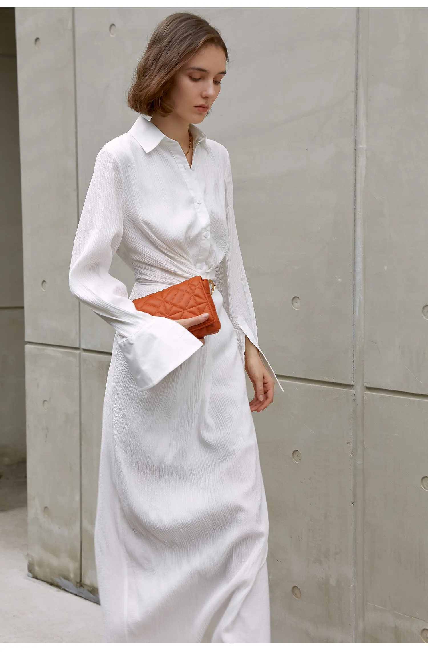 Asymmetrically-waisted summer dress white, polo-collared shirt, single-breasted dress-Cicili