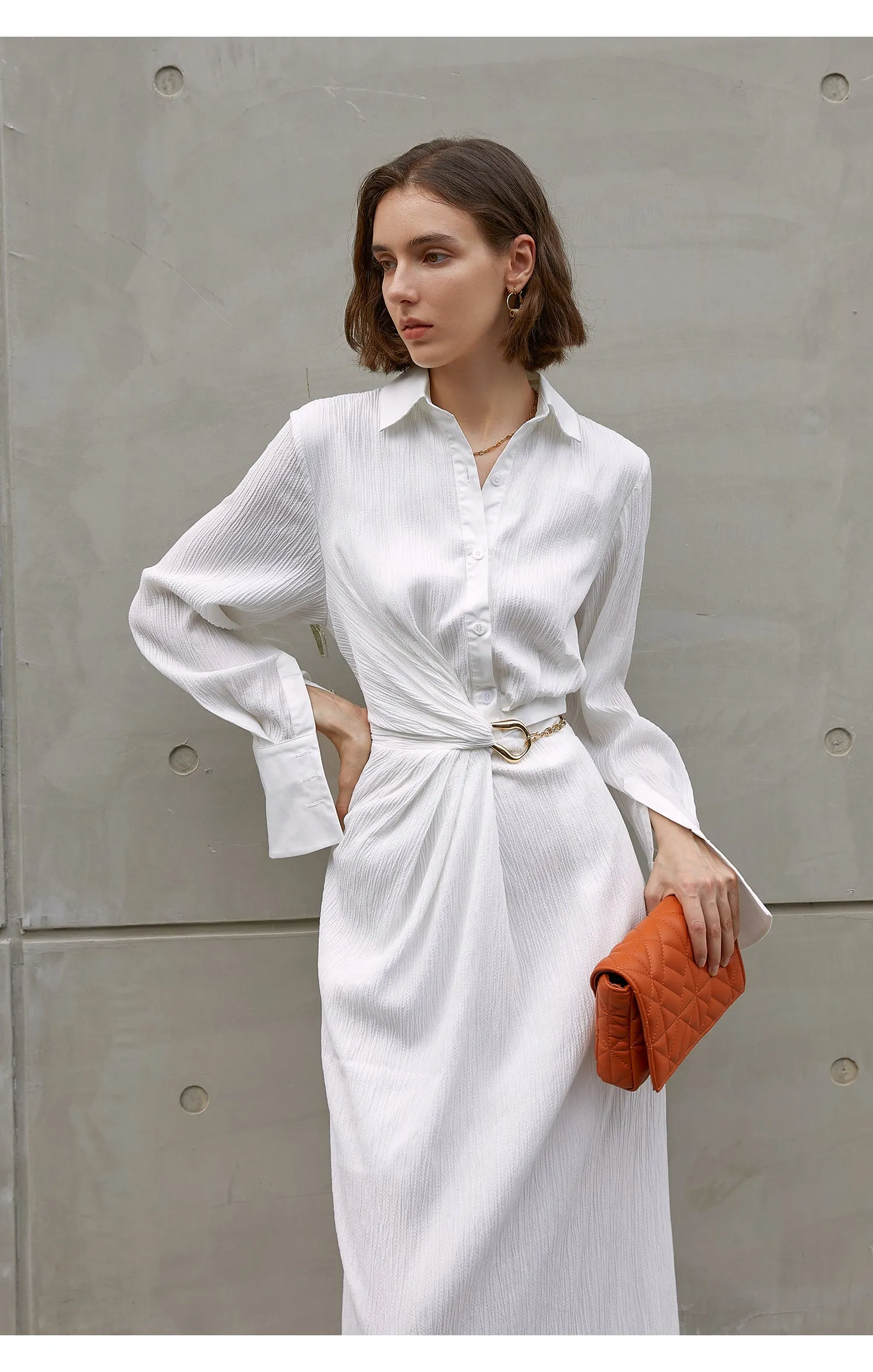 Asymmetrically-waisted summer dress white, polo-collared shirt, single-breasted dress-Cicili