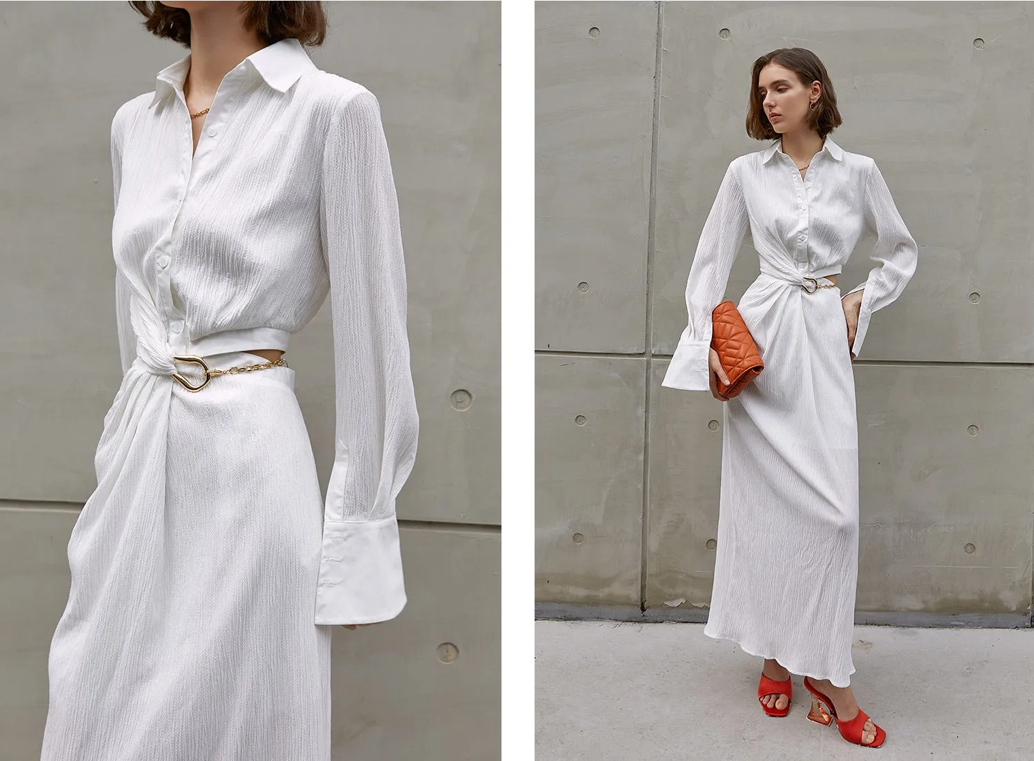 Asymmetrically-waisted summer dress white, polo-collared shirt, single-breasted dress-Cicili