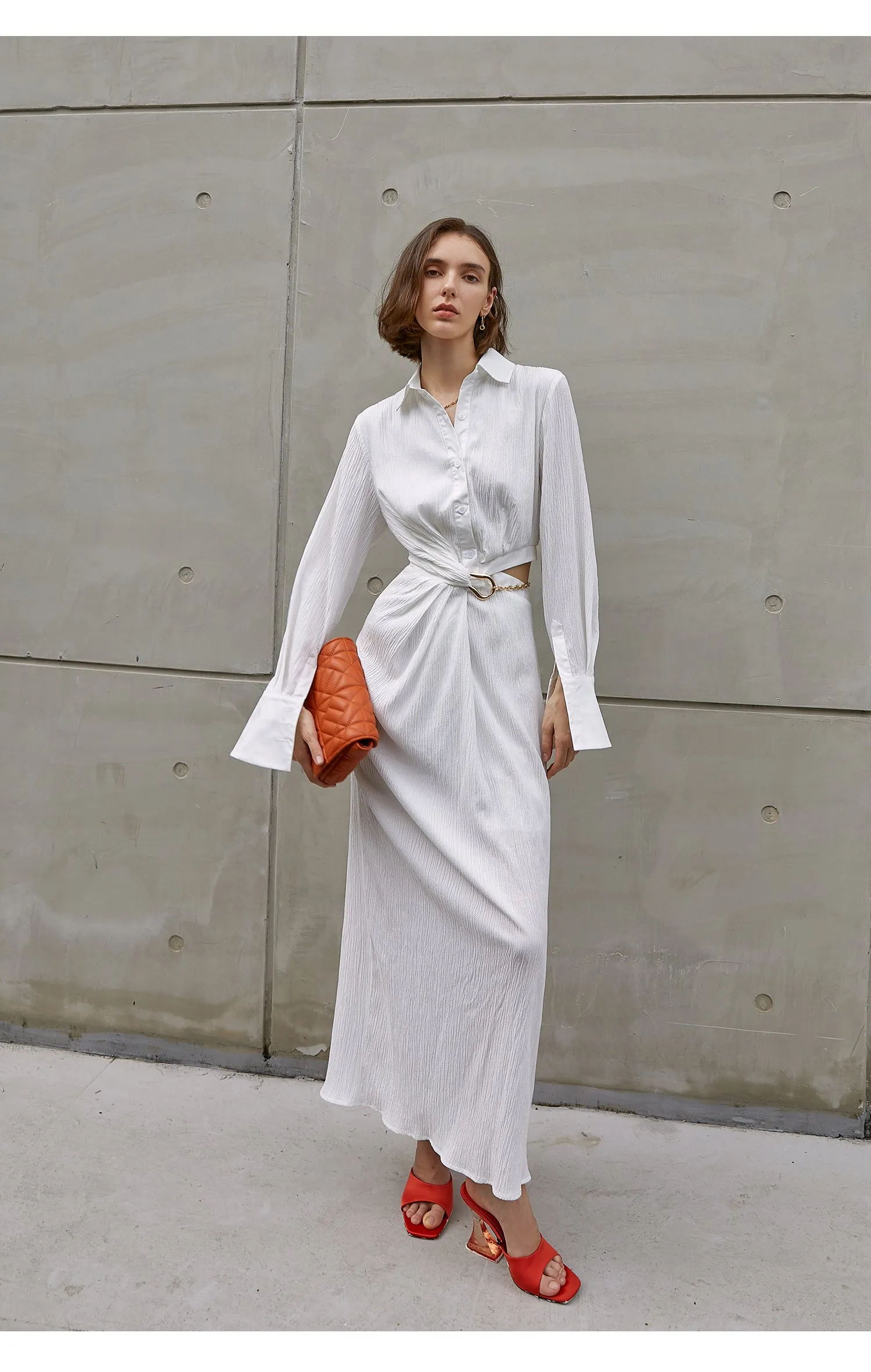 Asymmetrically-waisted summer dress white, polo-collared shirt, single-breasted dress-Cicili