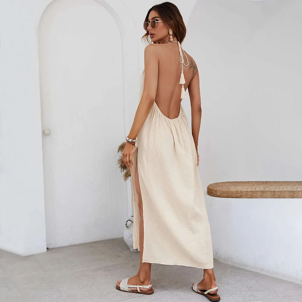 Backless Seaside Resort Halterneck Maxi Dresses Wholesale Womens Clothing N3824052000069