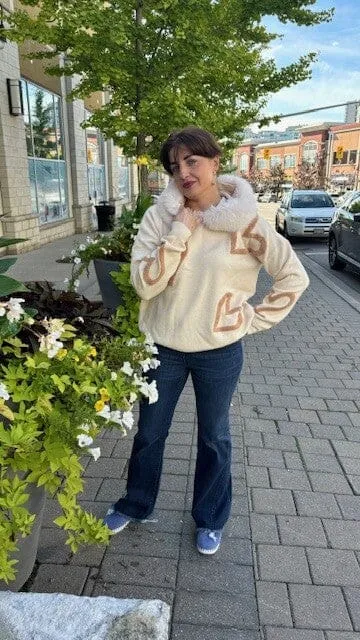 BEIGE HEART SWEATER WITH FUR LINED HOODY AND DRAWSTRING NECK