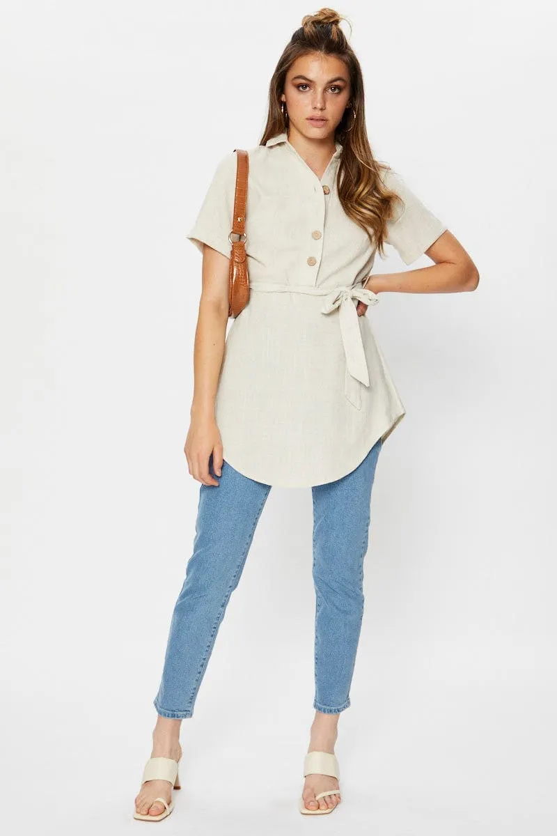 Beige Linen Button Front Long Shirt