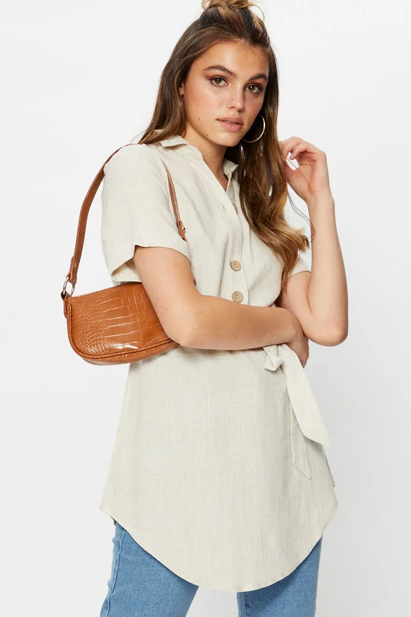 Beige Linen Button Front Long Shirt