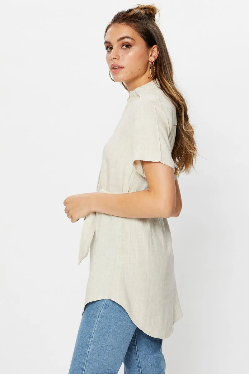 Beige Linen Button Front Long Shirt