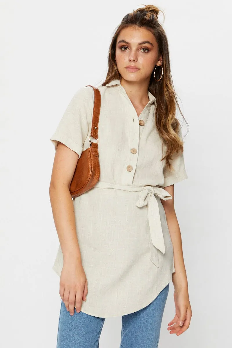 Beige Linen Button Front Long Shirt