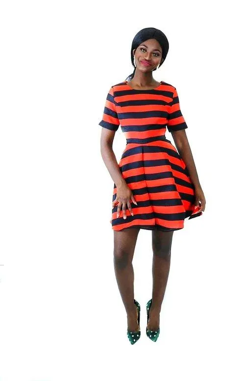 Black and red-orange horizontal stripe pleated chic skater cocktail dress- Doll Effect