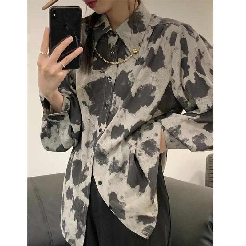 Blouse Long Sleeve Black Gray Color Block Leopard Shirt Button Up Chain Top Single-Breasted Womens Blouses Loose