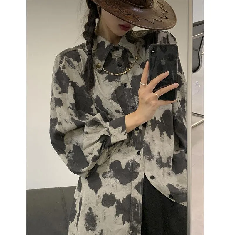 Blouse Long Sleeve Black Gray Color Block Leopard Shirt Button Up Chain Top Single-Breasted Womens Blouses Loose