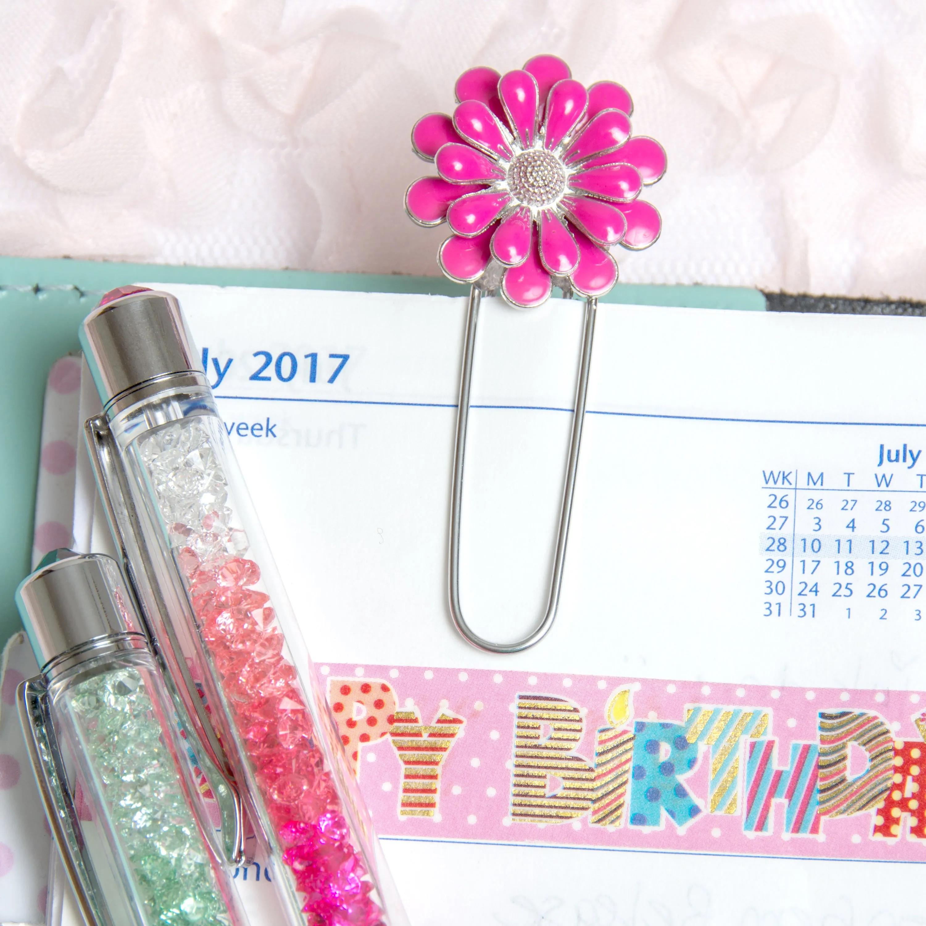 Bright Pink Enamel Flower Planner Clip - Bookmark