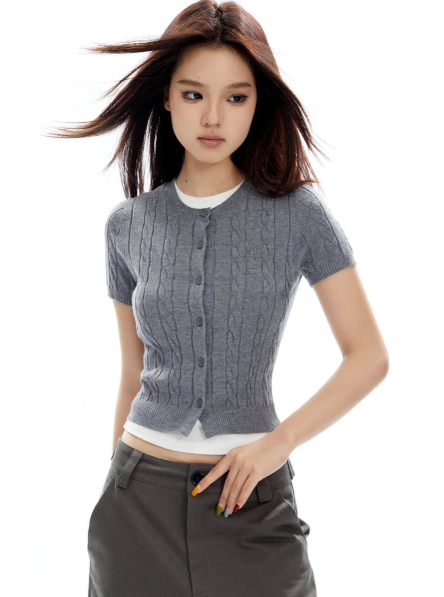 Cable Knit Short Sleeve Cardigan - Two Color Options