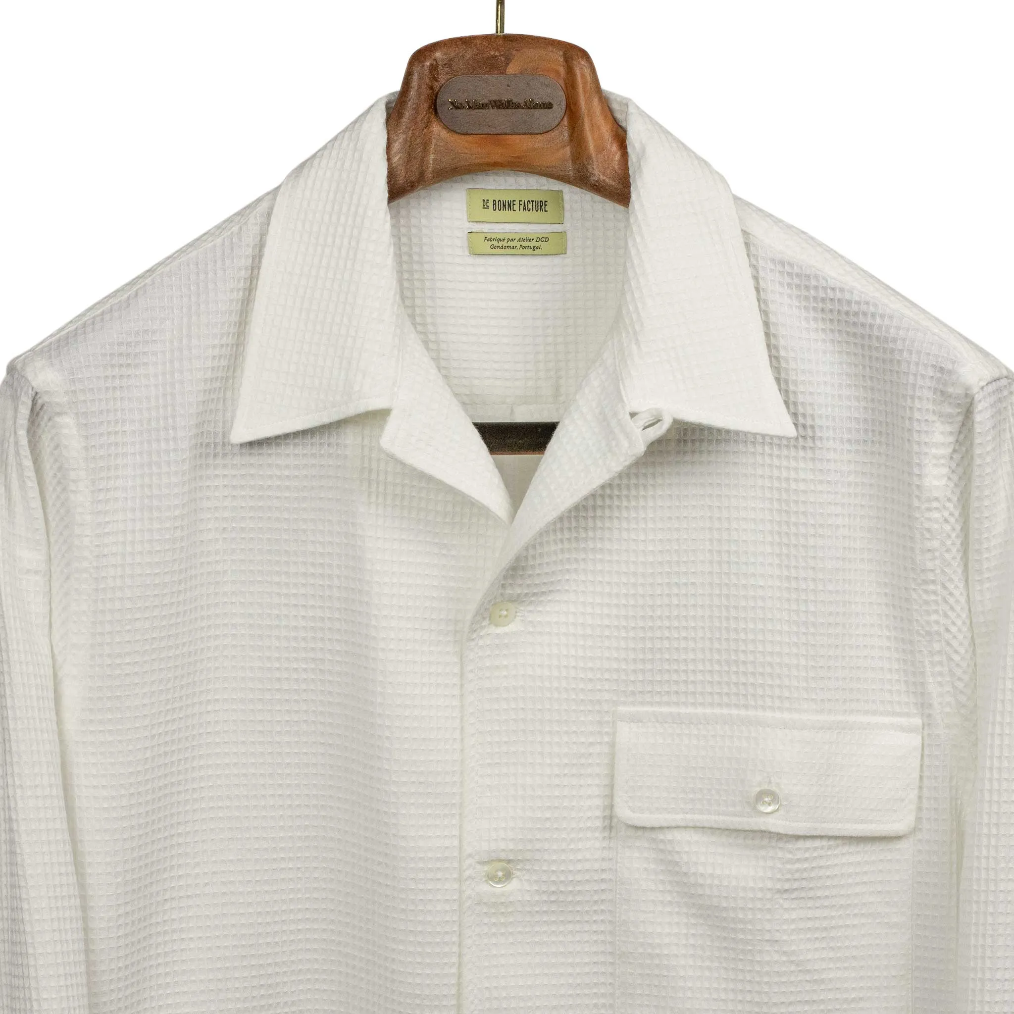 Camp collar shirt in off-white Japanese waffle cotton and linen