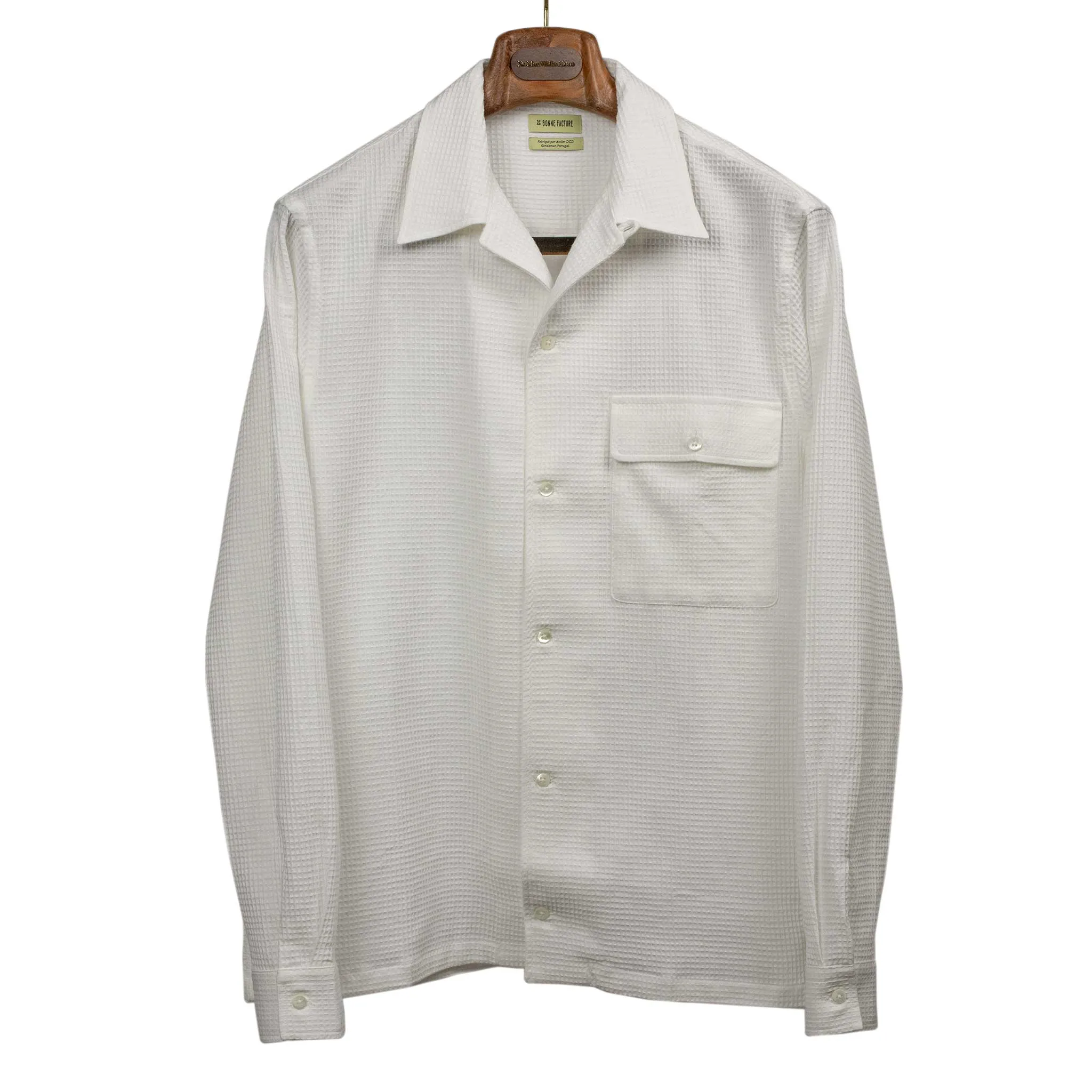 Camp collar shirt in off-white Japanese waffle cotton and linen