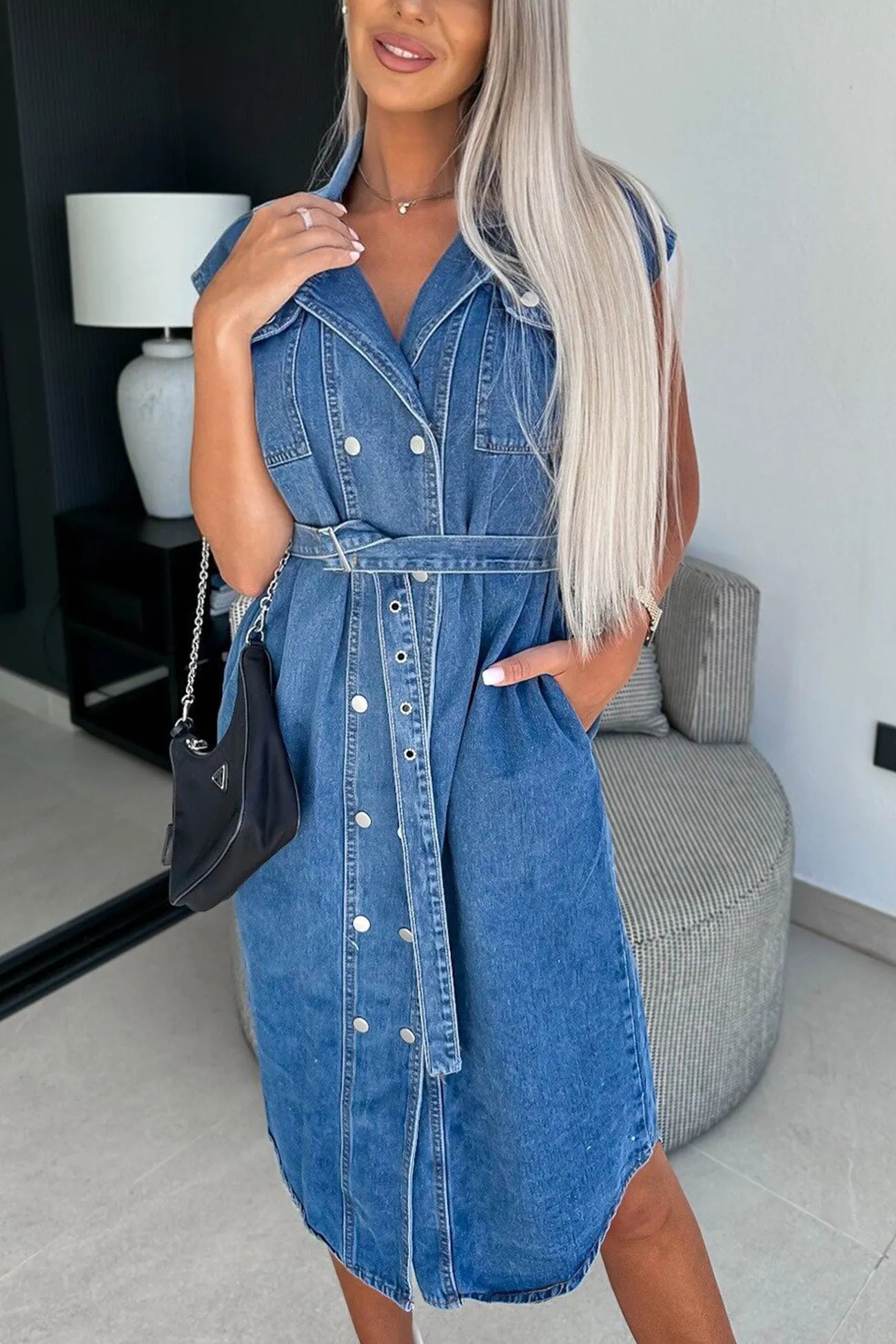 Cap Sleeve Double-breasted Strappy Denim Dress