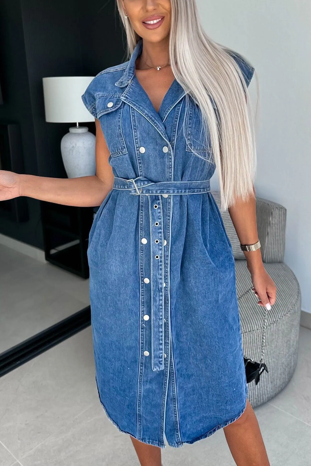 Cap Sleeve Double-breasted Strappy Denim Dress