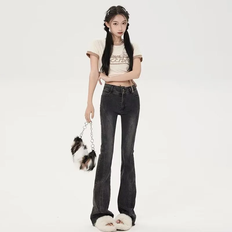 deanwangkt Small American Retro Micro Flared Jeans For Women With A Sense Of Design, Niche High Waisted And Slim, Versatile Floor Mop Pants