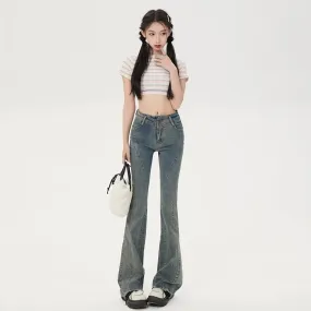 deanwangkt Small American Retro Micro Flared Jeans For Women With A Sense Of Design, Niche High Waisted And Slim, Versatile Floor Mop Pants