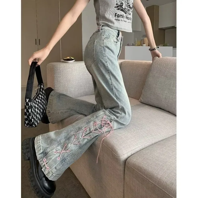 deanwangkt Small Design With Straps And Mini Slacks, Retro High Waist Jeans For Female Xia Spicy Girls, Slim Straight Bell Pants, Autumn