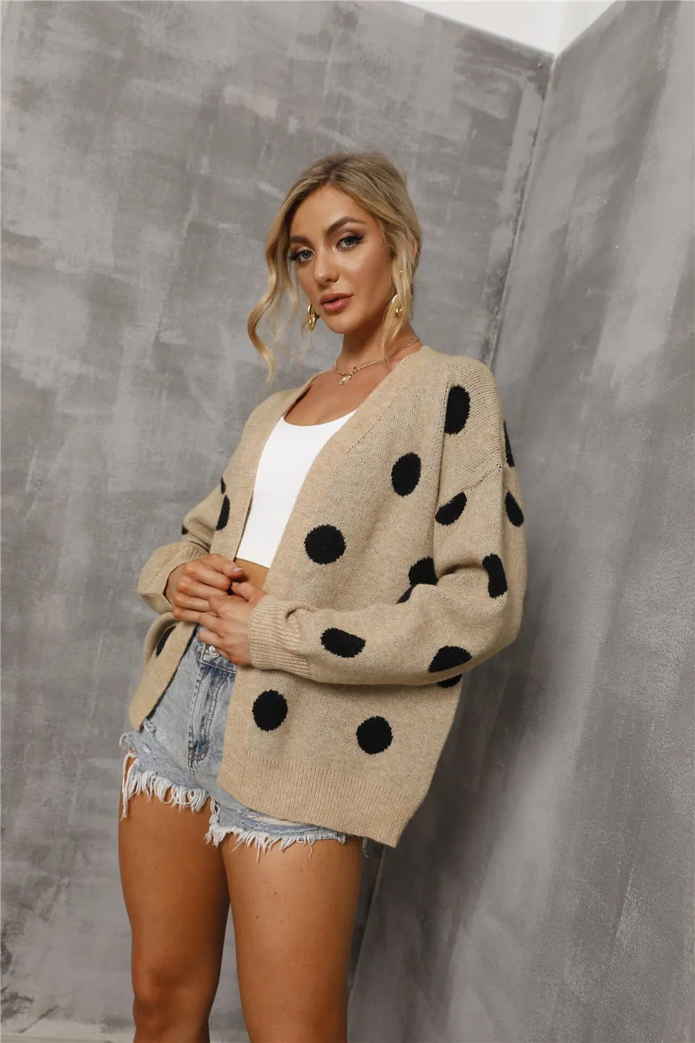 Dropped Shoulder Polka Dot Cardigan