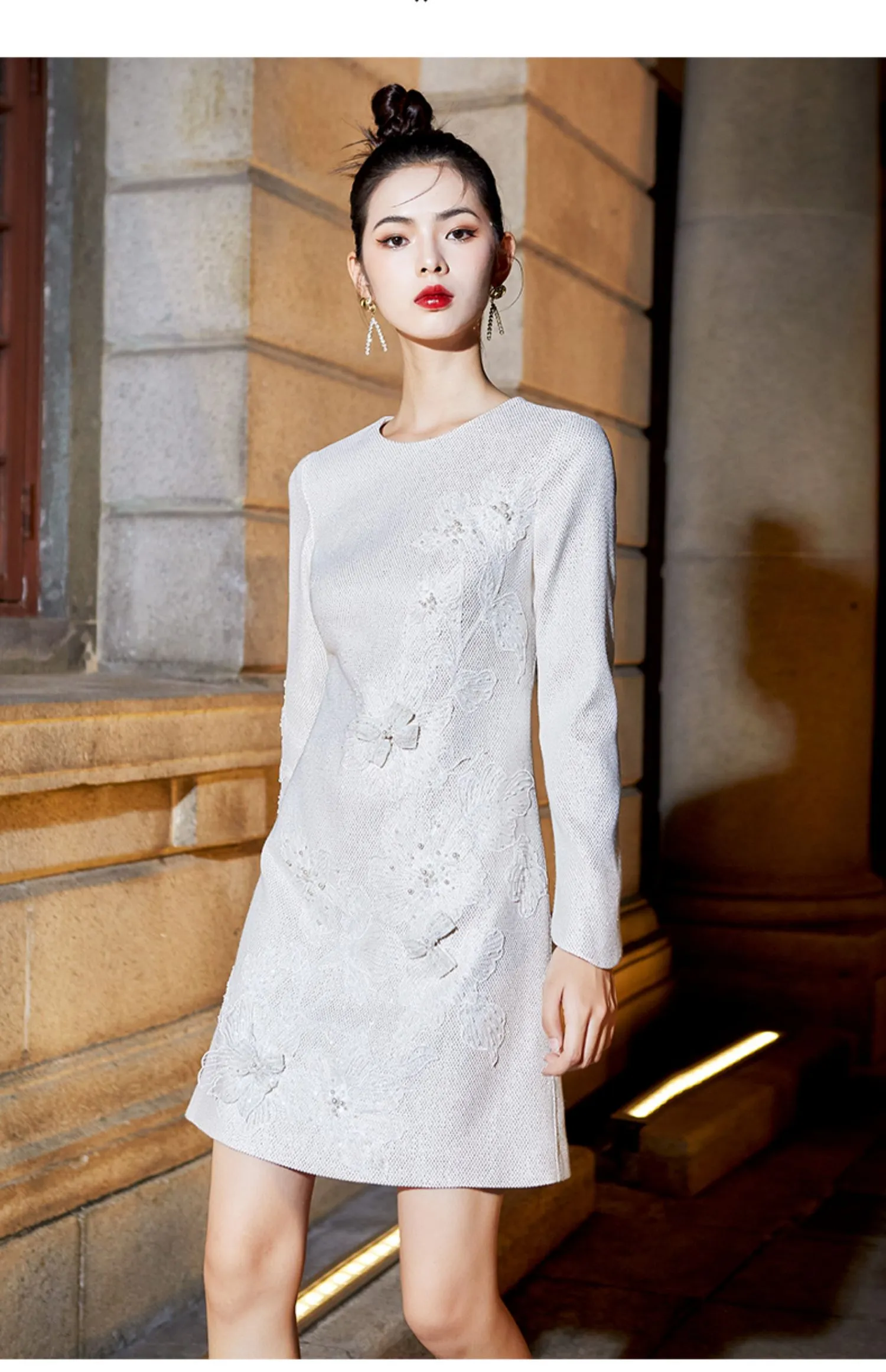 Embroidered Chinese-style long sleeve dress- Chile