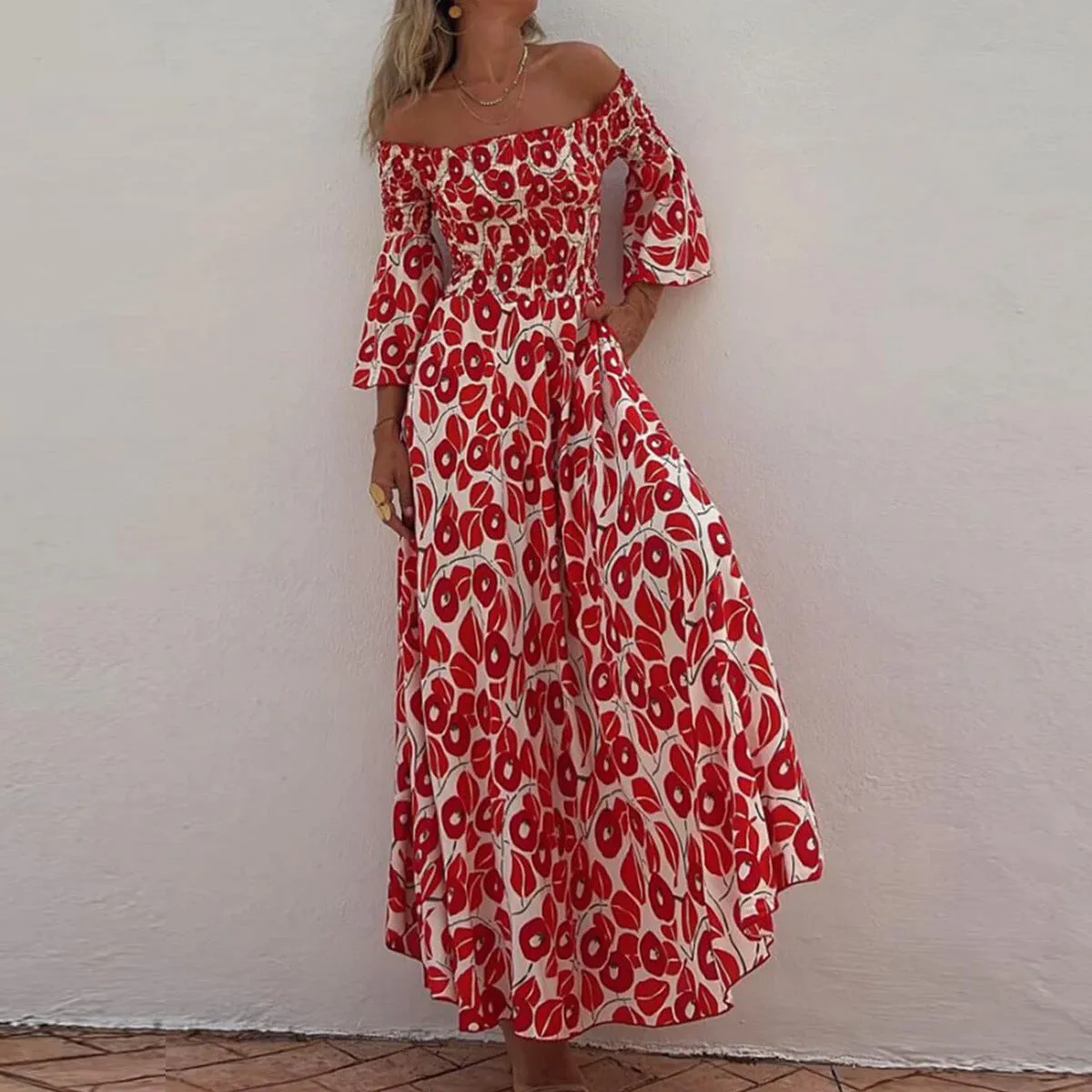 Floral Pleated Off-the-shoulder Pocket Long Dress