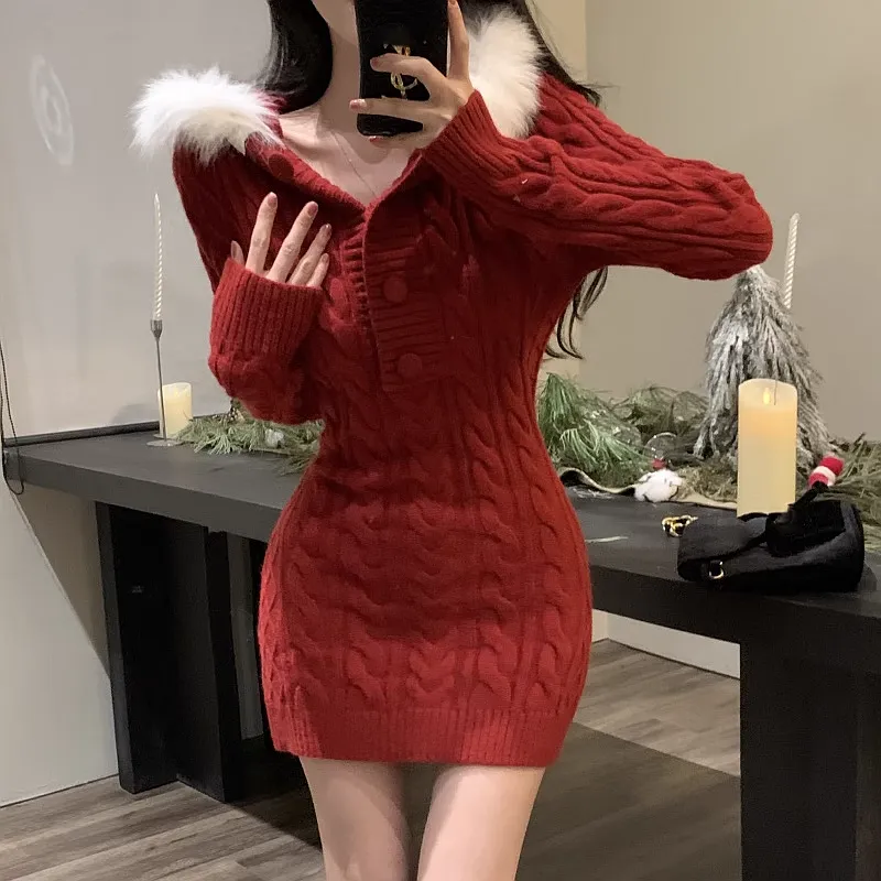 Furry Hooded Christmas Red Knitted Dress