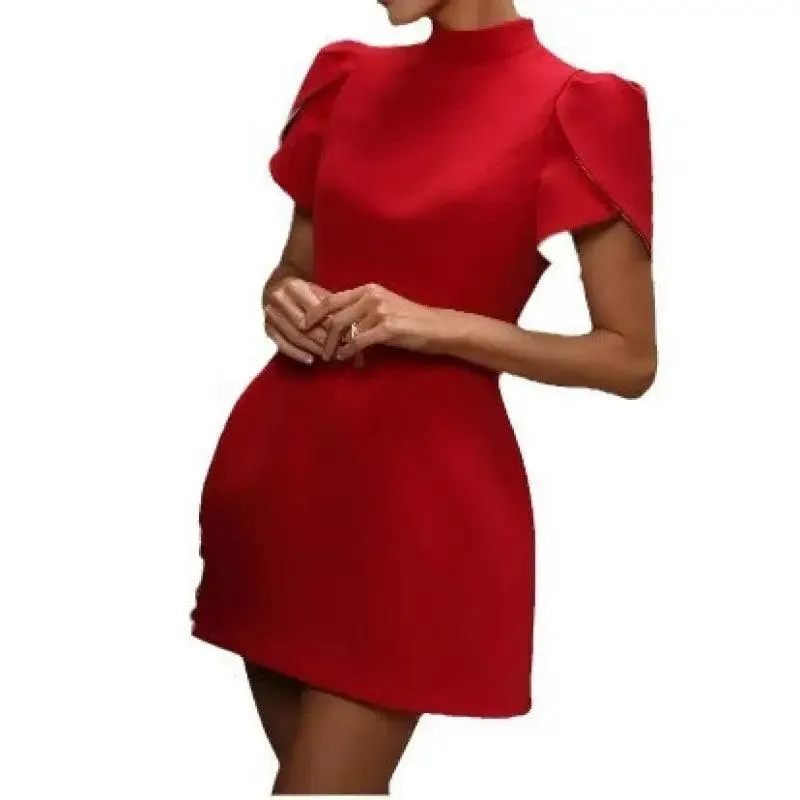 Half Turtleneck Short Sleeved Red Dress Slim Fit High Waist Bow Trim Skirt