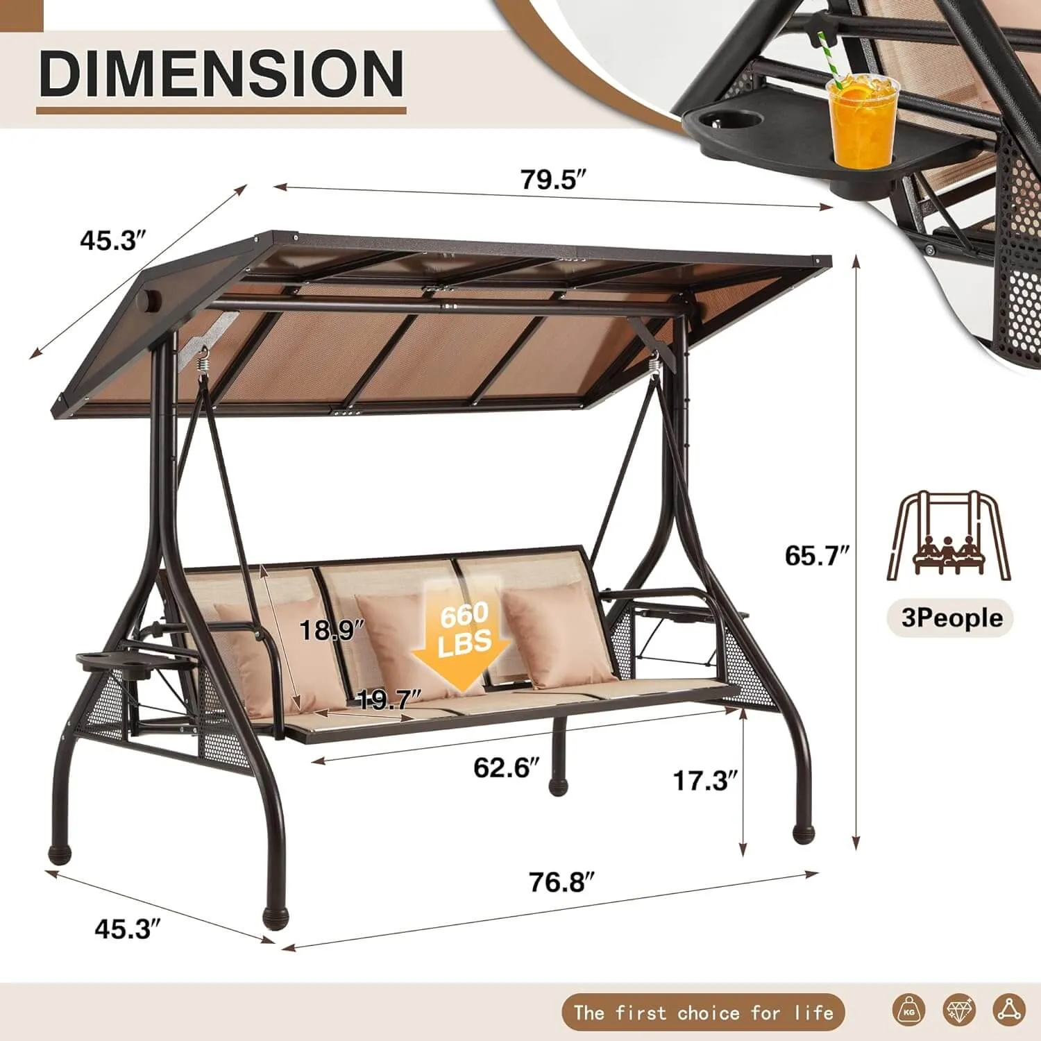 HOMREST 3-Person Outdoor Porch Swing with Adjustable Hardtop Backrest Khaki