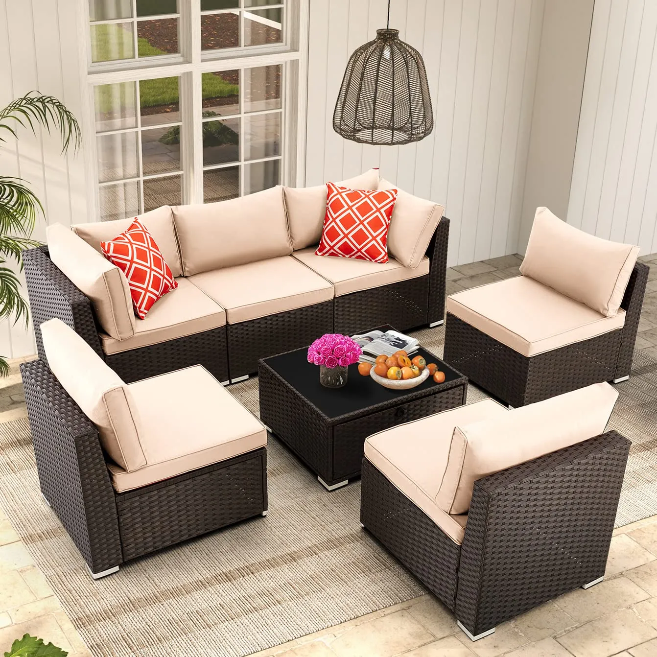 Homrest 7 Pcs Patio Furniture Set with Coffee Table, Khaki