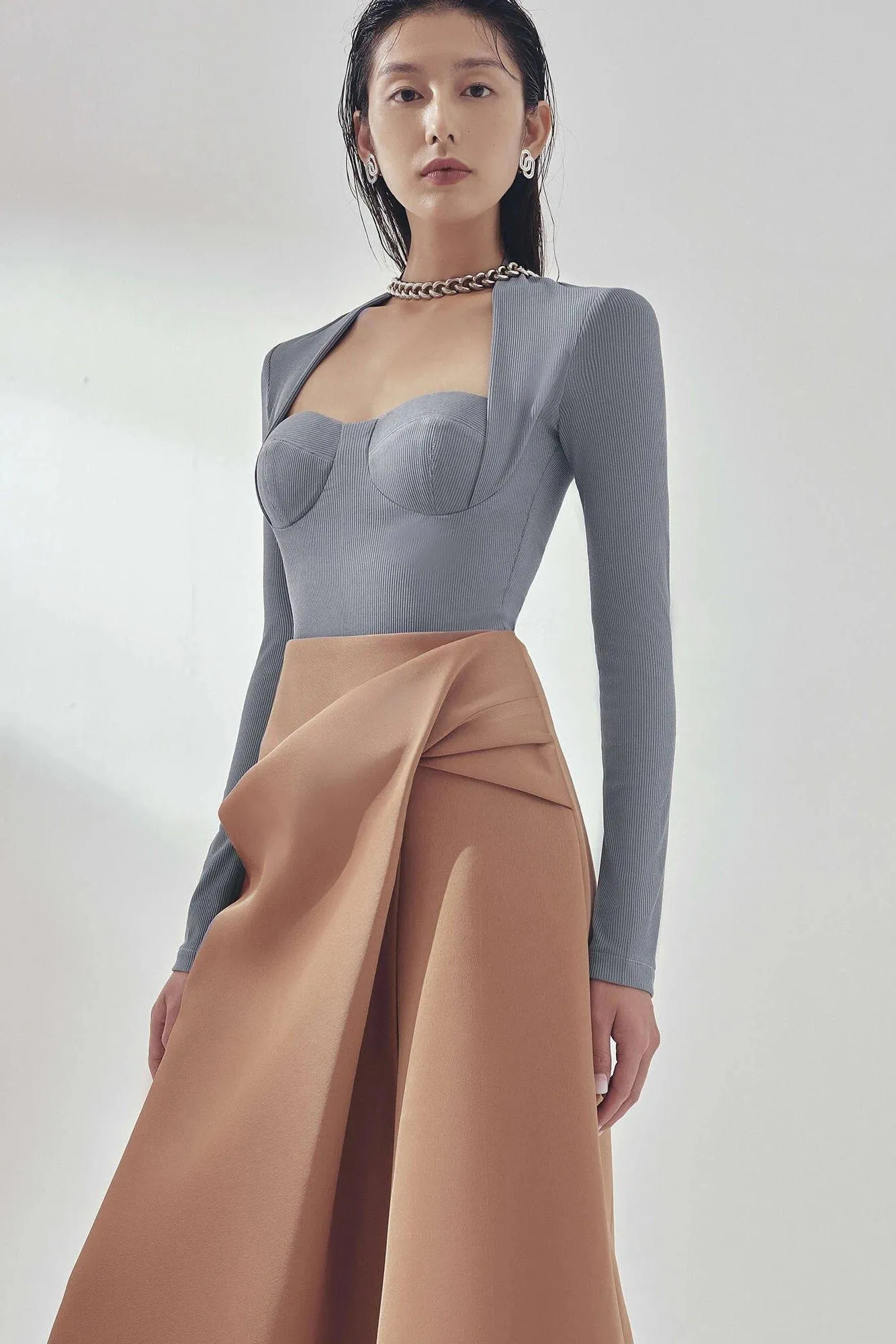 Khaki brown tailored midi skirt - Spinel