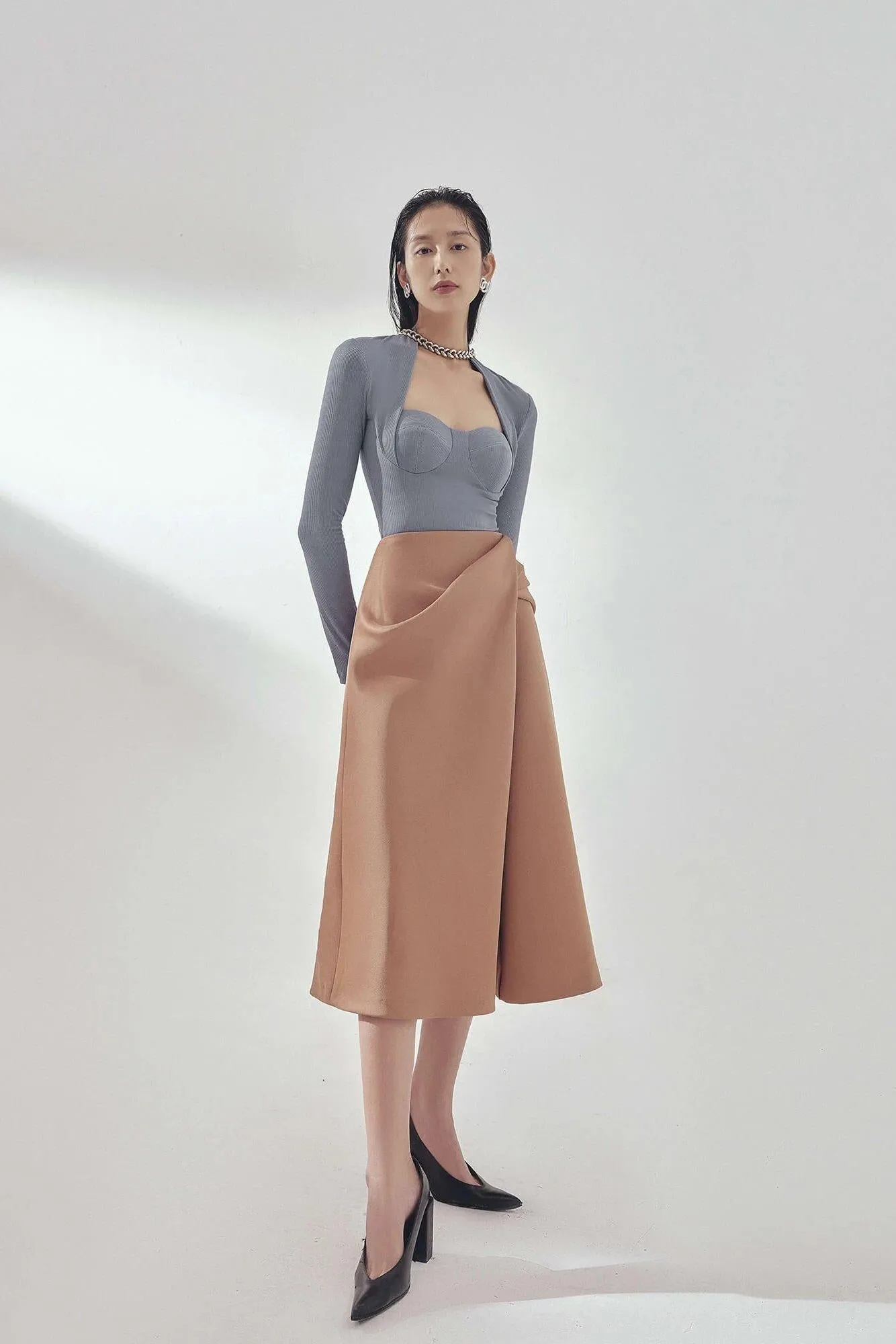 Khaki brown tailored midi skirt - Spinel