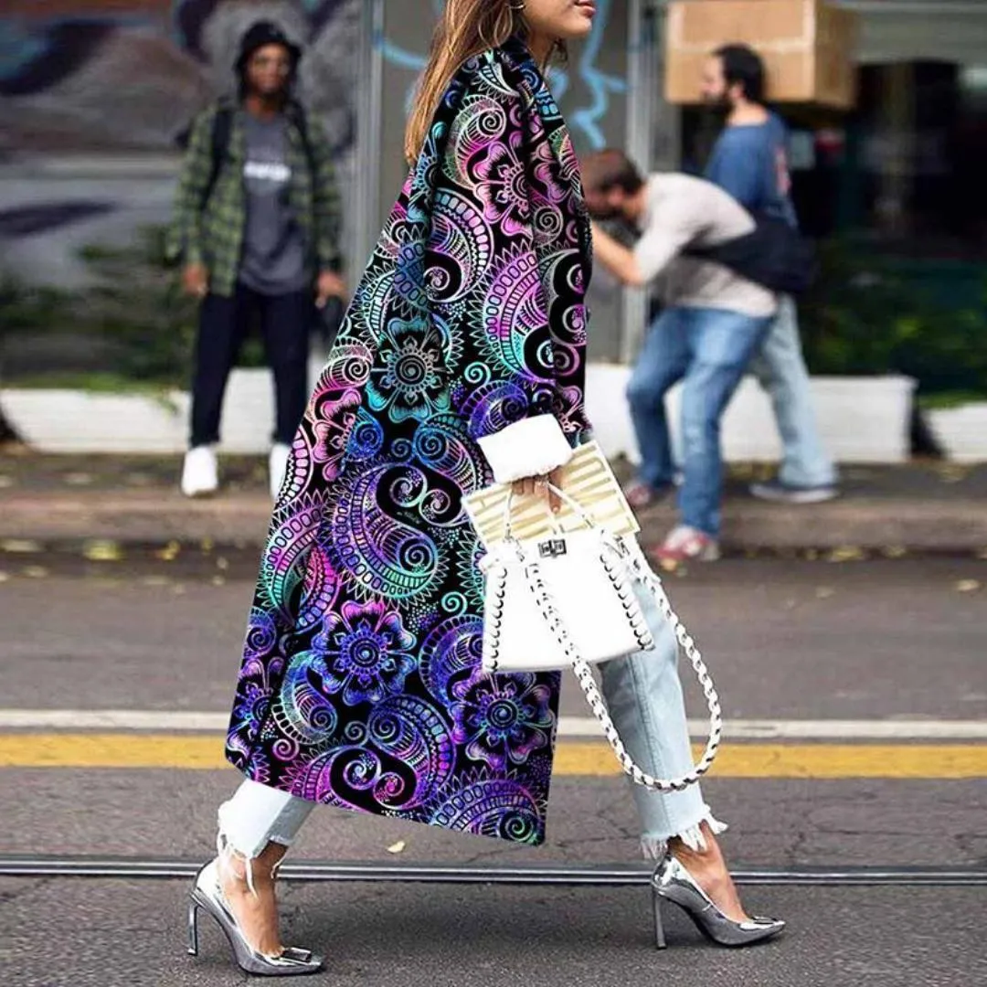 Long lapel printed double-breasted long-sleeved flower trench coat