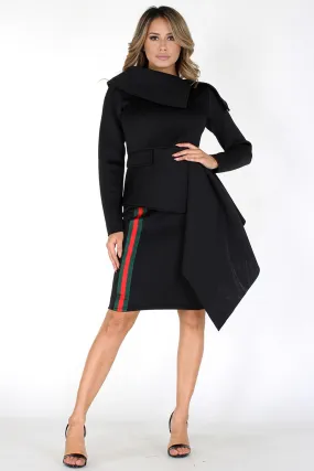 Long sleeve drape collar with dramatic peplum