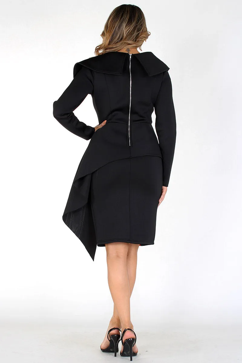 Long sleeve drape collar with dramatic peplum