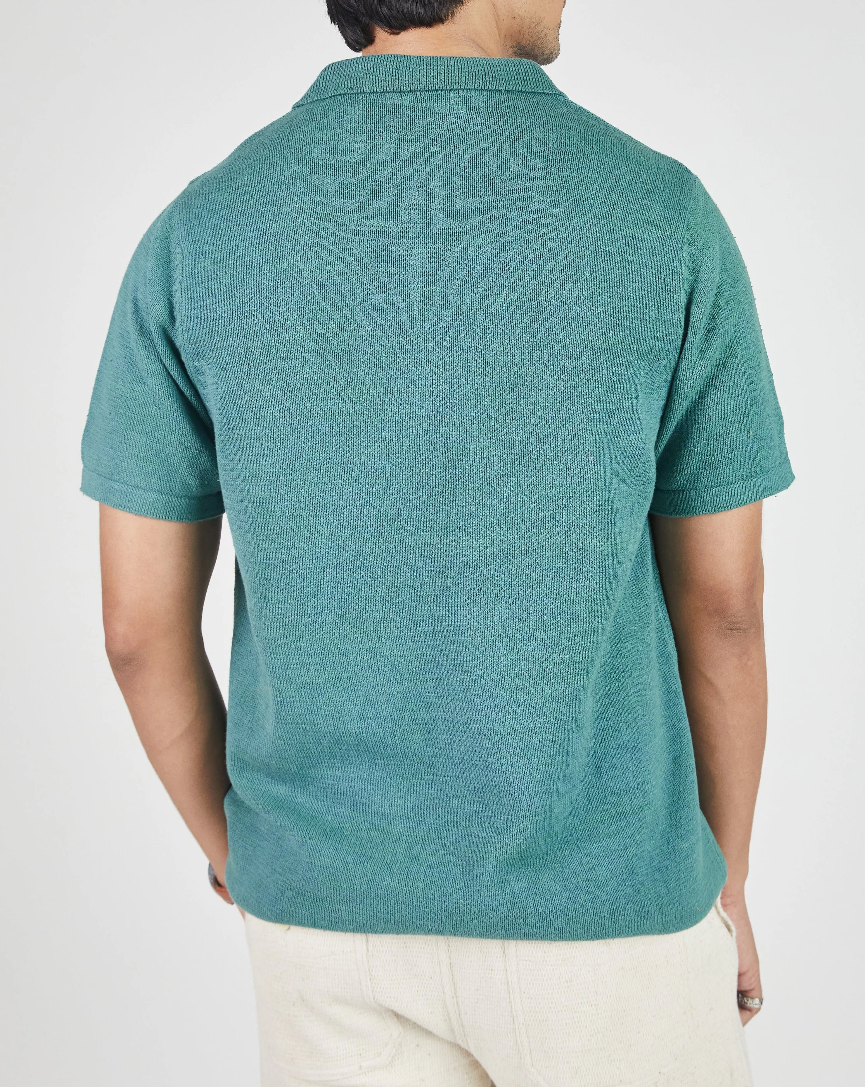 Manbir Johnny Collar Knit Tee in Marine Green