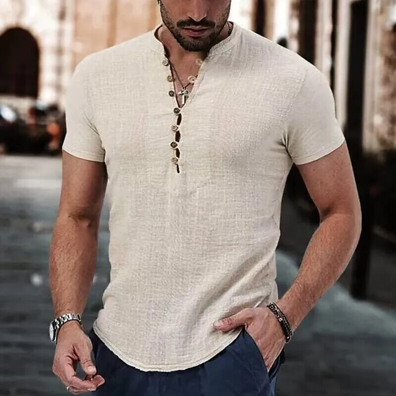 Men's Popover Shirt Short Sleeve Plain V Neck