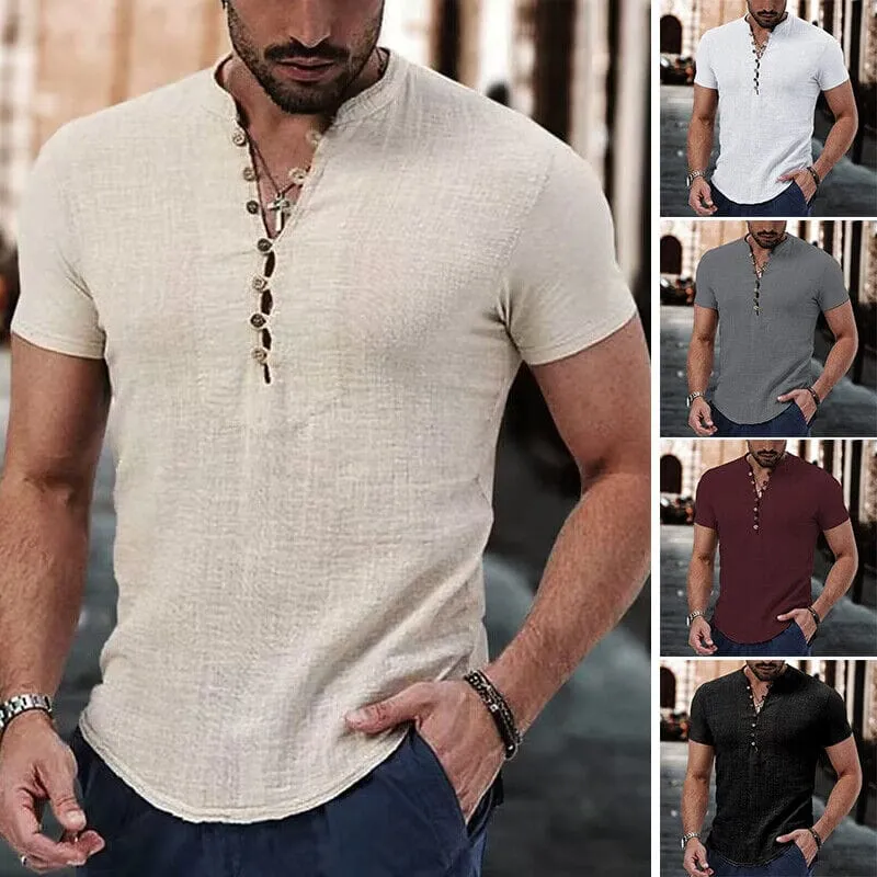 Men's Popover Shirt Short Sleeve Plain V Neck