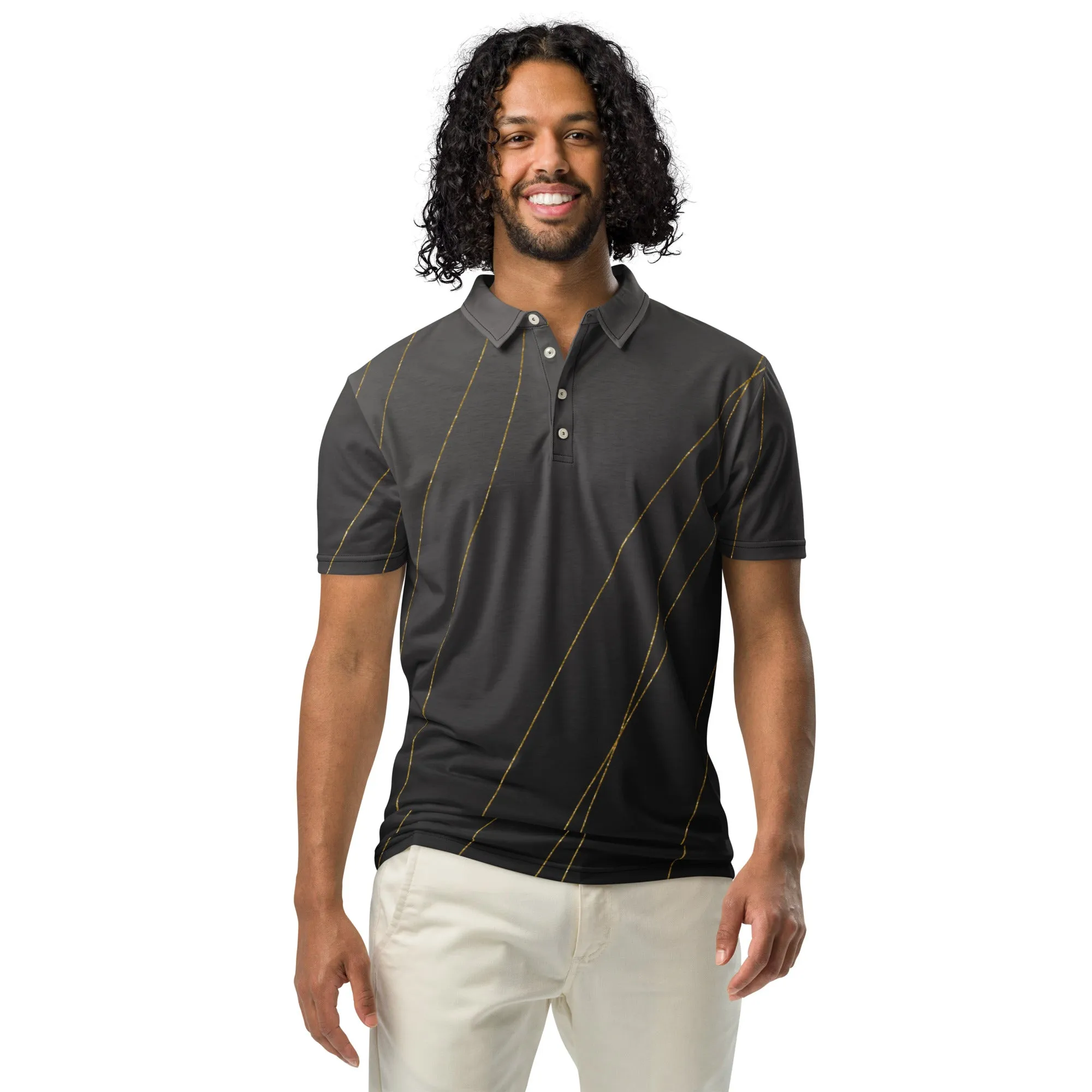 Men’s Slim Fit Polo Shirt, Designer Off Black Gold Crackle, lioness-love