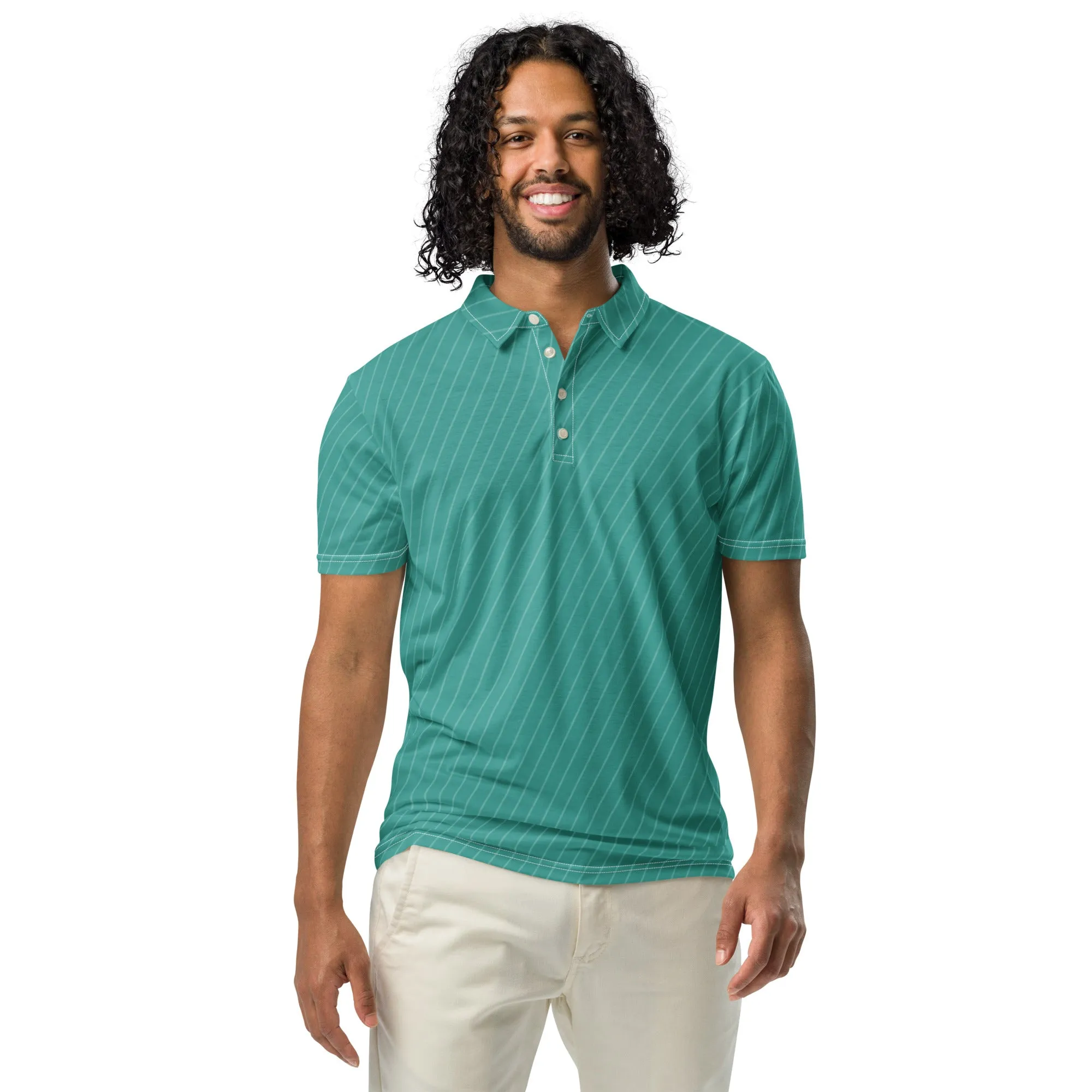 Men’s Slim Fit Polo Shirt Teal Stripe, lioness-love