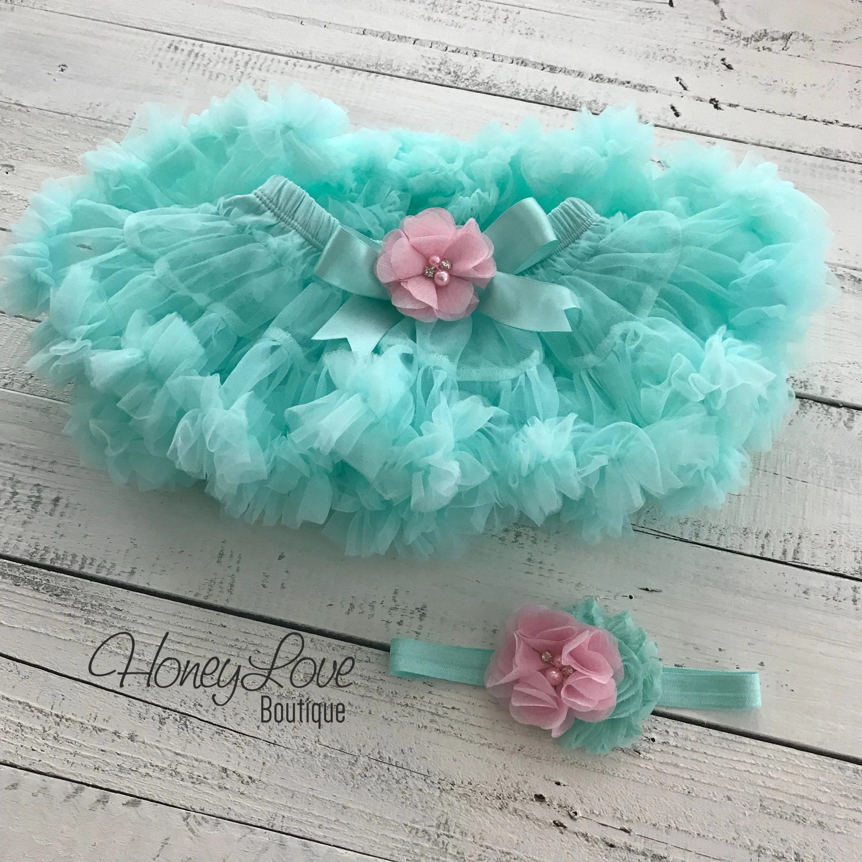 PERSONALIZED Name Outfit - Mint/Aqua and Gold Glitter - Light Pink flower embellished pettiskirt