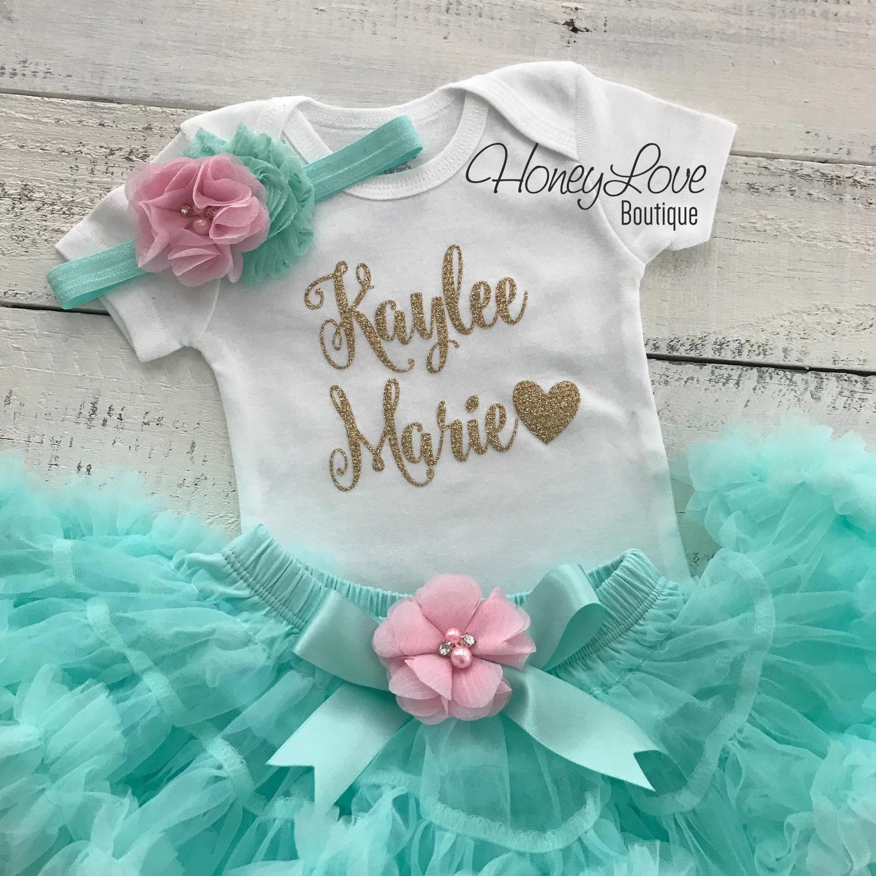 PERSONALIZED Name Outfit - Mint/Aqua and Gold Glitter - Light Pink flower embellished pettiskirt