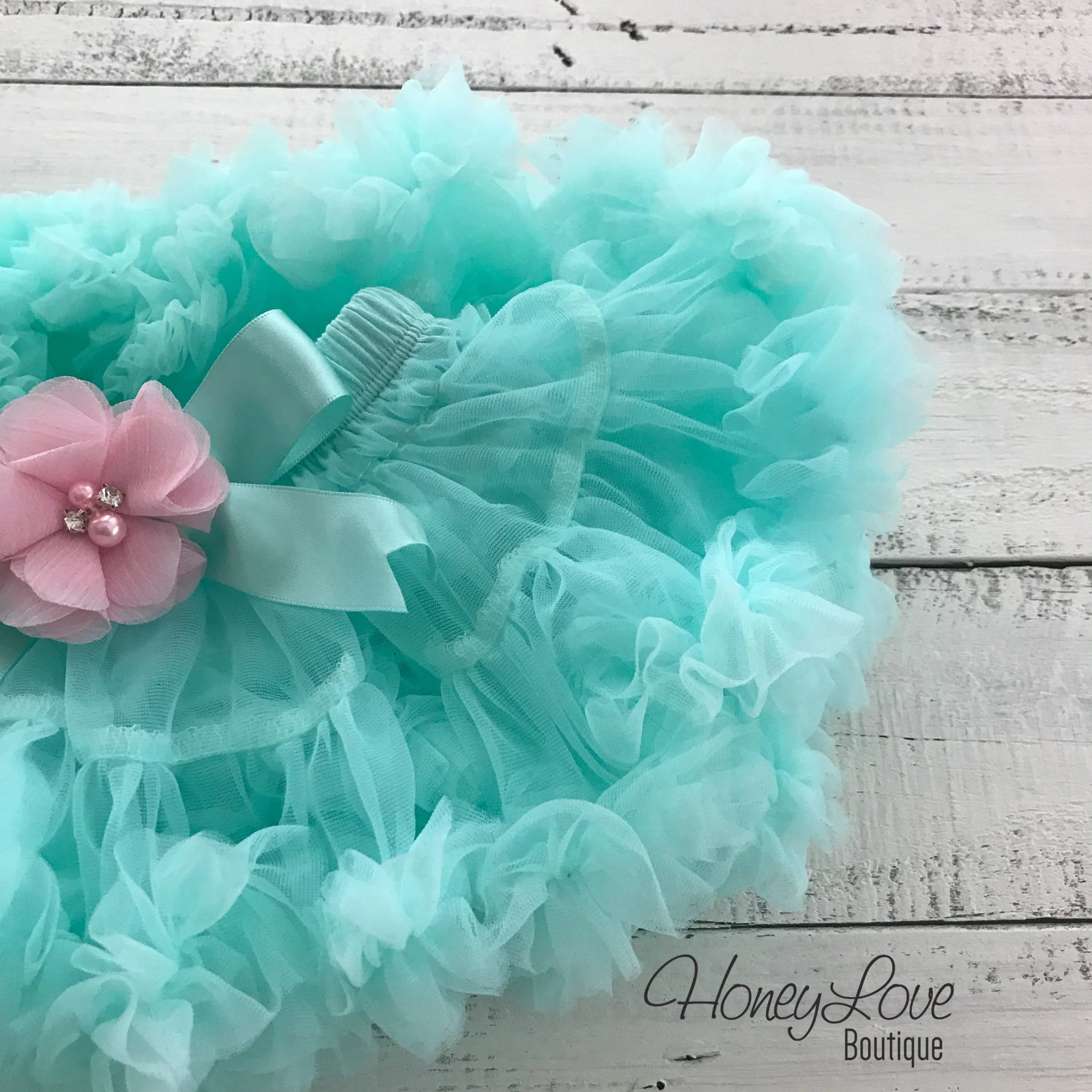 PERSONALIZED Name Outfit - Mint/Aqua and Gold Glitter - Light Pink flower embellished pettiskirt