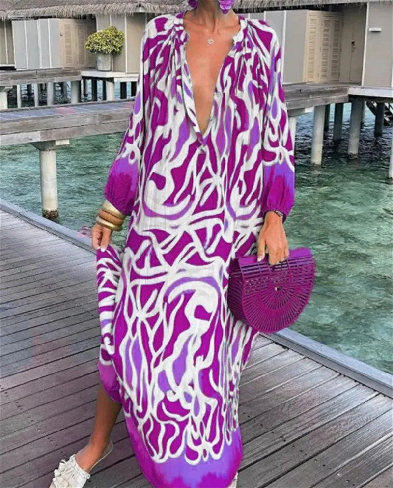 Printed Pullover Long Sleeve V-Neck Swing Loose Long Dress