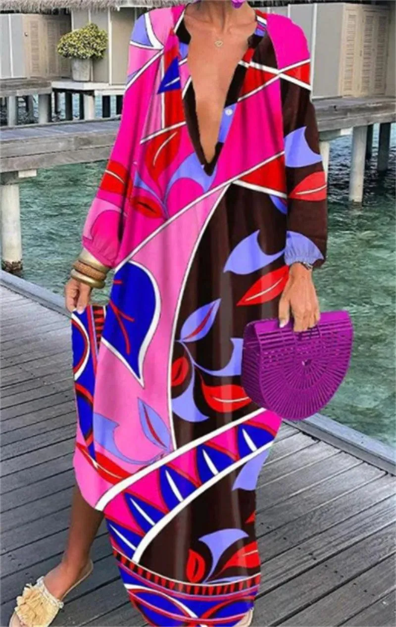 Printed Pullover Long Sleeve V-Neck Swing Loose Long Dress